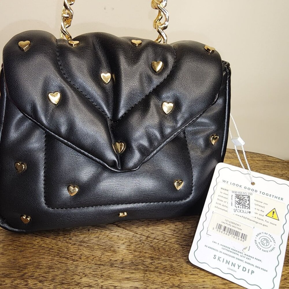 NWT Black Puffy LEO Mini Purse w/Heart Studs and Chain Handle Crossbody-SkinnyDi